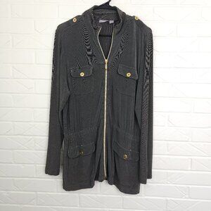 Chico's Travelers Liquid Knit Olive Green Zip Up Anorack Jacket Gold Hardware L